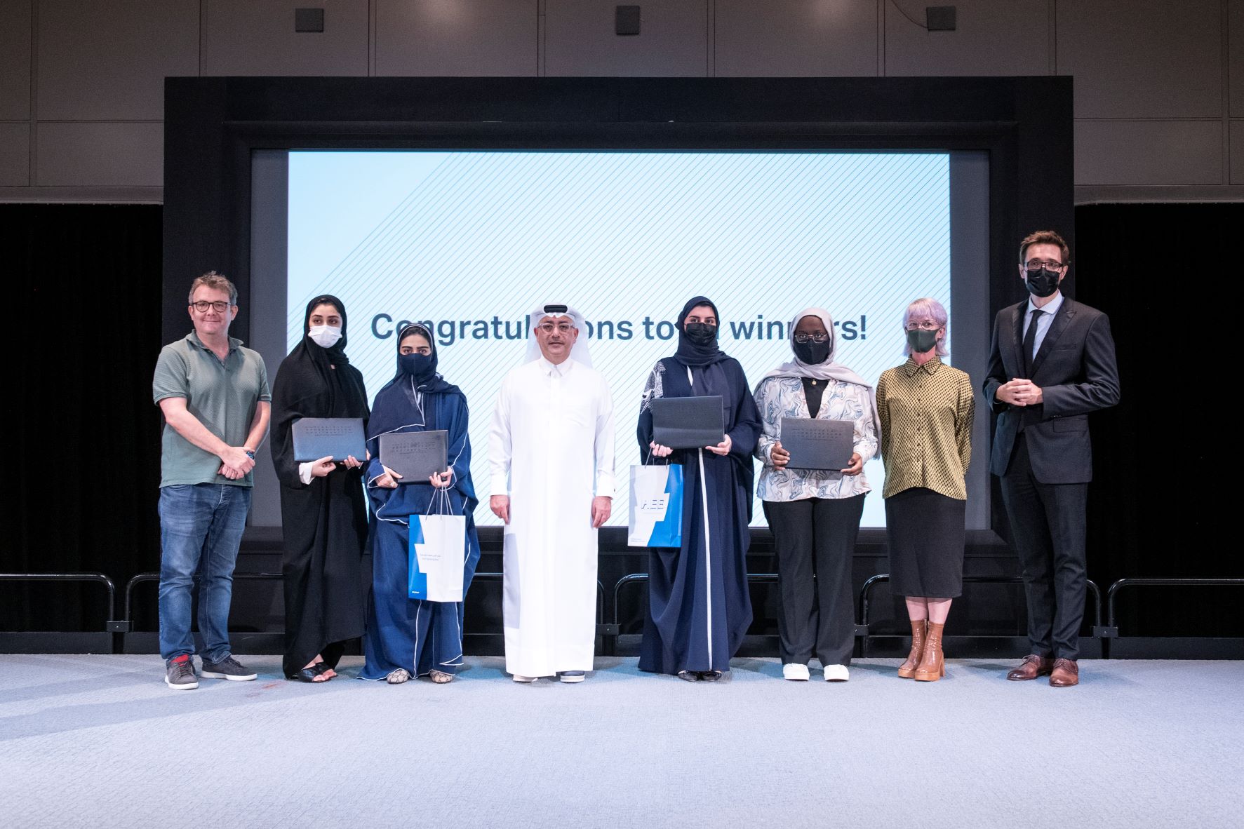 Recipients Of The Aeb Awards, 2022, With Mr. Ibrahim Jaidah, Vcuarts Qatar Faculty Members, And Vcuarts Qatar’s Dean Amir Berbić. Image Courtesy Raviv Cohen.
