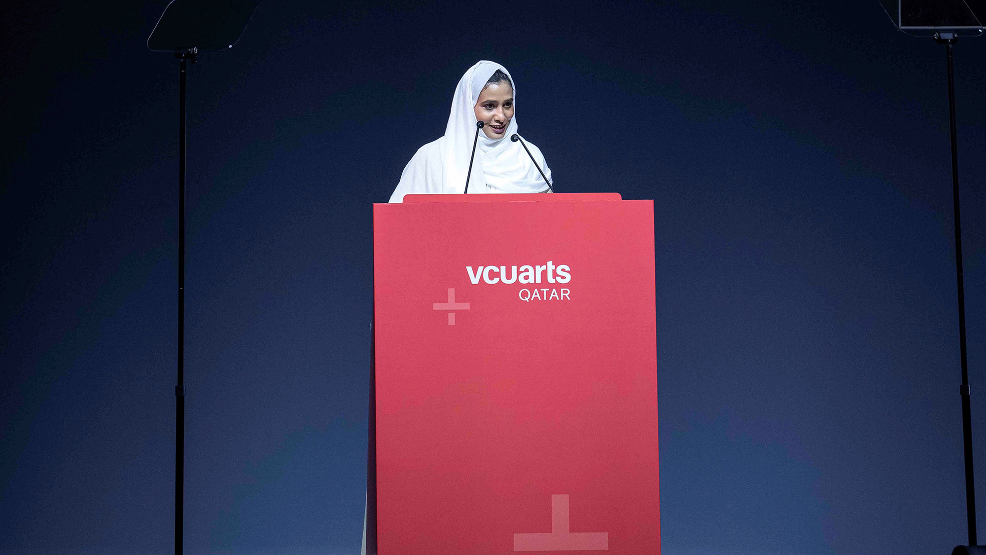 VCU Arts Qatar Alumna Sheikha Reem Al Thani  speaking at the Gala