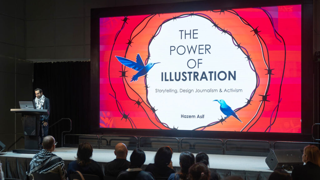 Hazem giving his presentation. the image on the screen shows birds about a tree with the words : the Power Of Illustration