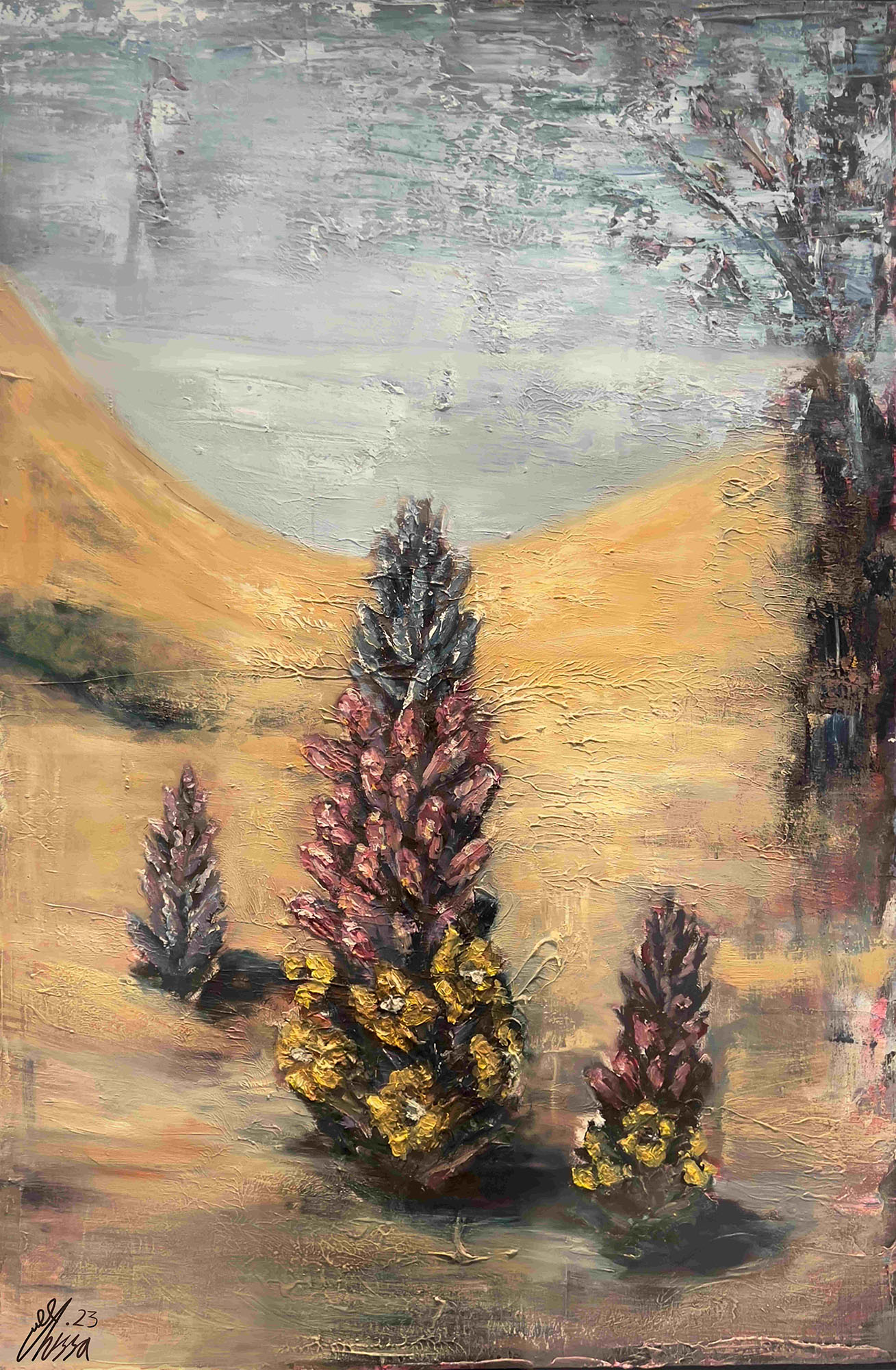 A painting of a plant in the desert landscape with rising hills in the background