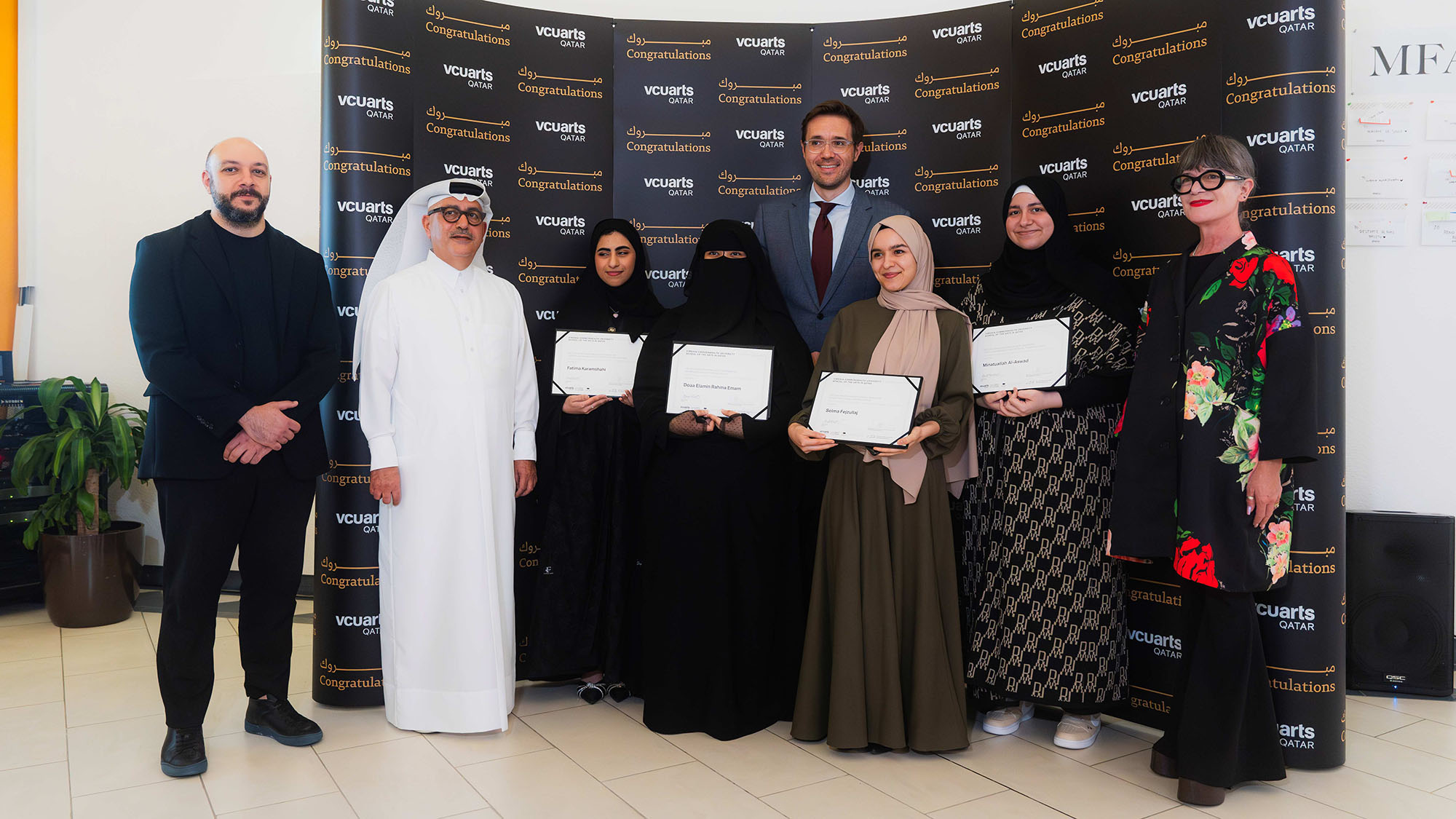 A group photo of the winning students with Ibrahim Mohamed Jaidah , Dean Amir Berbić and the chairs of the graphic design and interior design departments